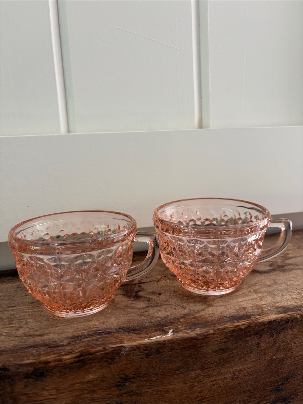 Vintage- Two pink Jeannette "Buttons and Bows" depression glass cups.